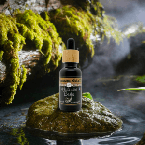 Huile soin barbe bio en flacon noir avec capuchon bois, label noir et cuivre, posé sur une pierre au bord d’un étang forestier.