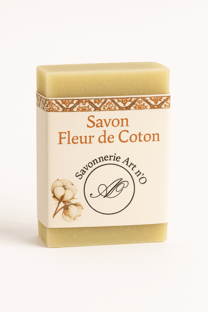 Savon rectangle couleur crème avec étiquette “Savon Fleur de Coton” et motifs beige, coton illustration et logo Savonnerie Art n’O.