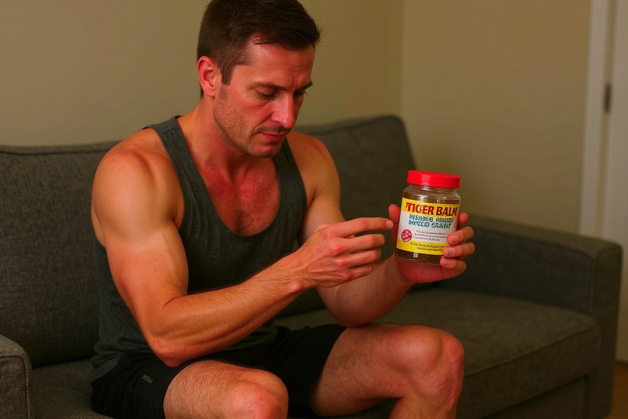 Homme assis sur un canapé, torse nu en débardeur, examinent une potée de Tiger Balm rouge avec une étiquette jaune et rouge.