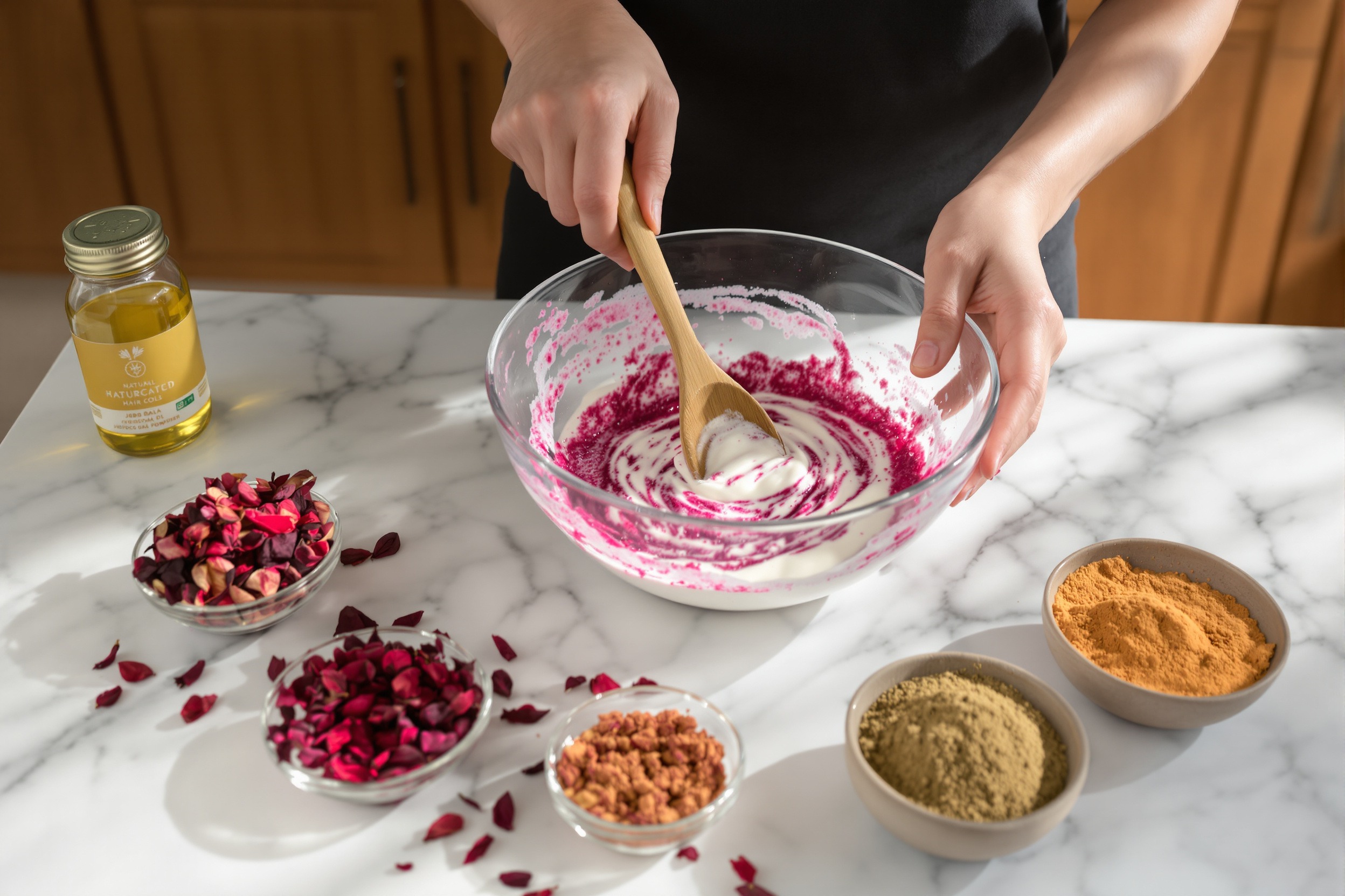 Personne mélangeant une préparation blanche et rose dans un grand bol transparent; flacon d’huile ayurvédique et bols de poudres colorées autour.