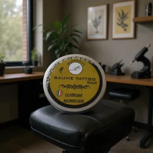 Pot de Baume Tattoo Naturel posé sur un siège, logo et texte en jaune sur l’étiquette métallique. Ambiance studio tatouage avec une lampe et plantes en arrière-plan.