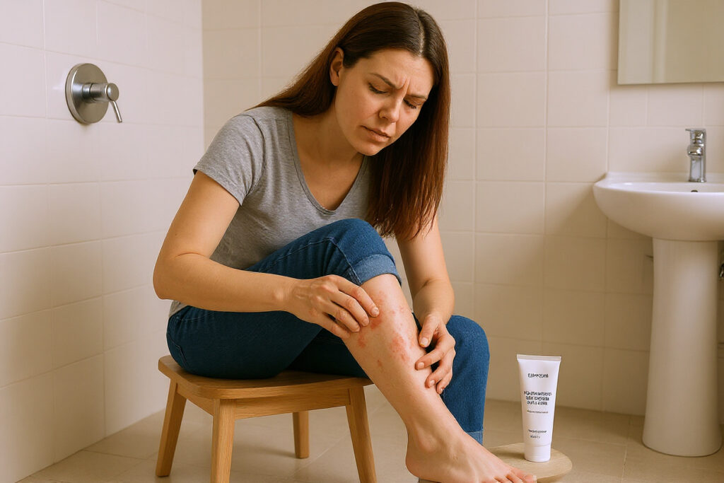 femme qui gratte son psoriasis dans une salle de bain