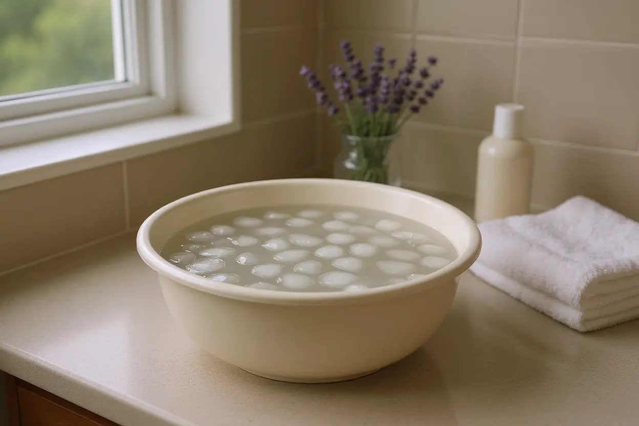 Bassine thérapeutique apaisante sur un comptoir de salle de bain lumineux avec lavande, évoquant le calme et le soin de soi.