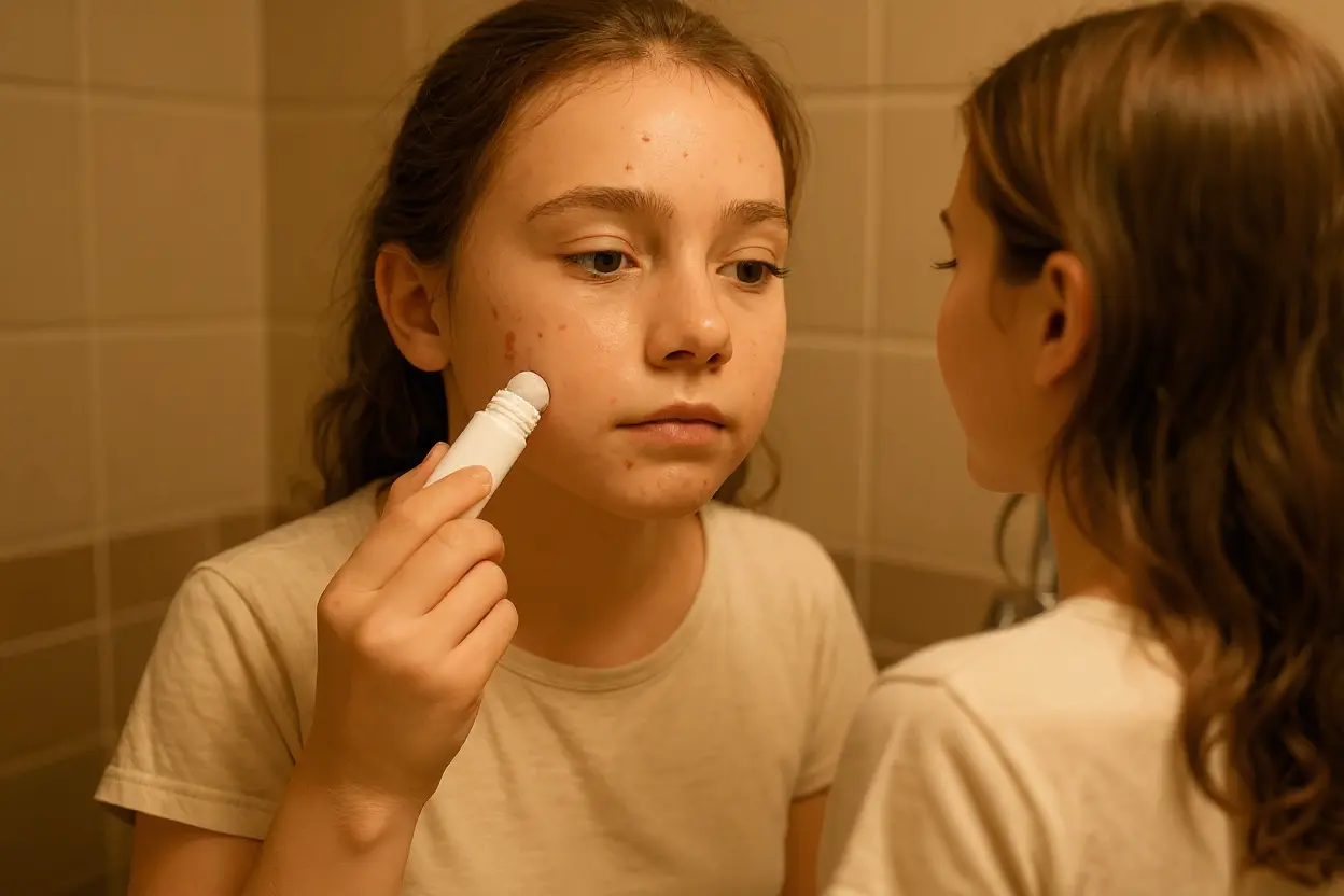 Soin roll-on naturel appliqué sur le visage pour traiter l'acné