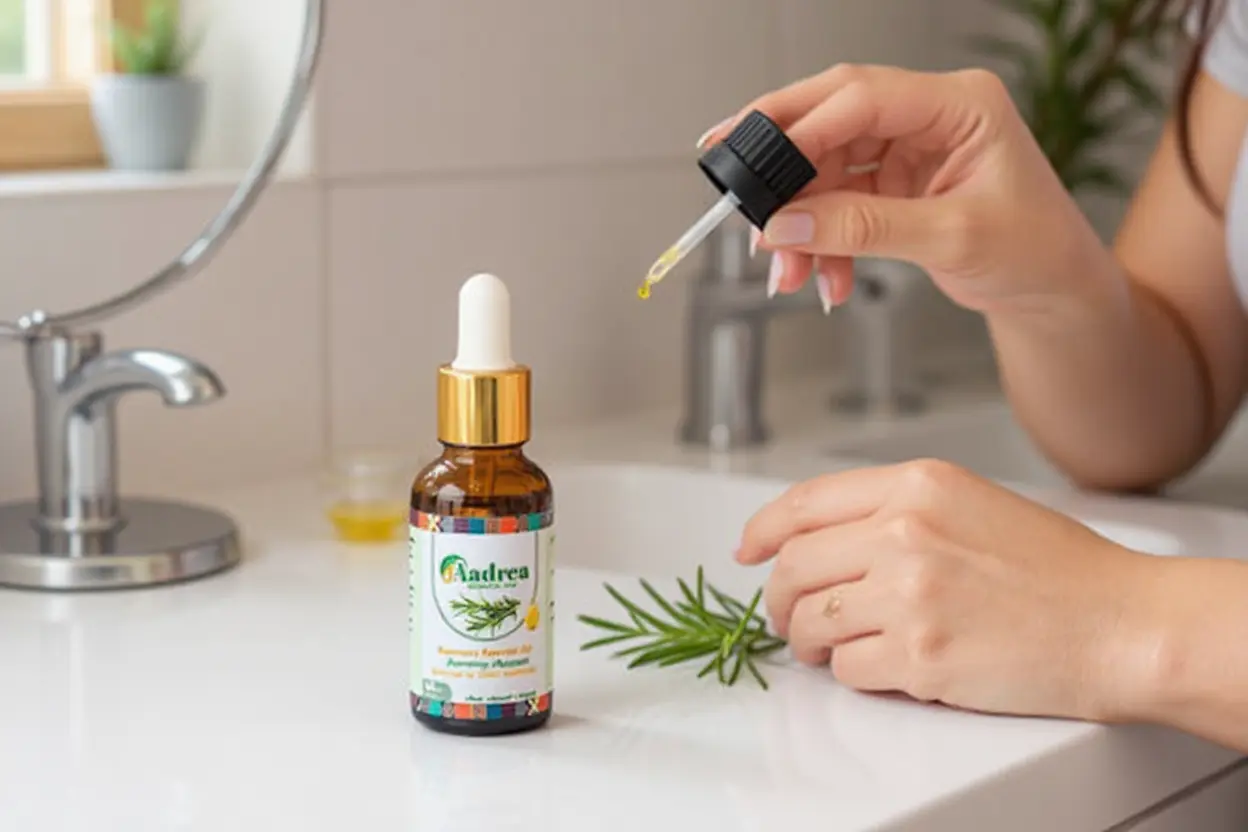 Routine de soin du matin avec huile essentielle sur un plan de toilette lumineux