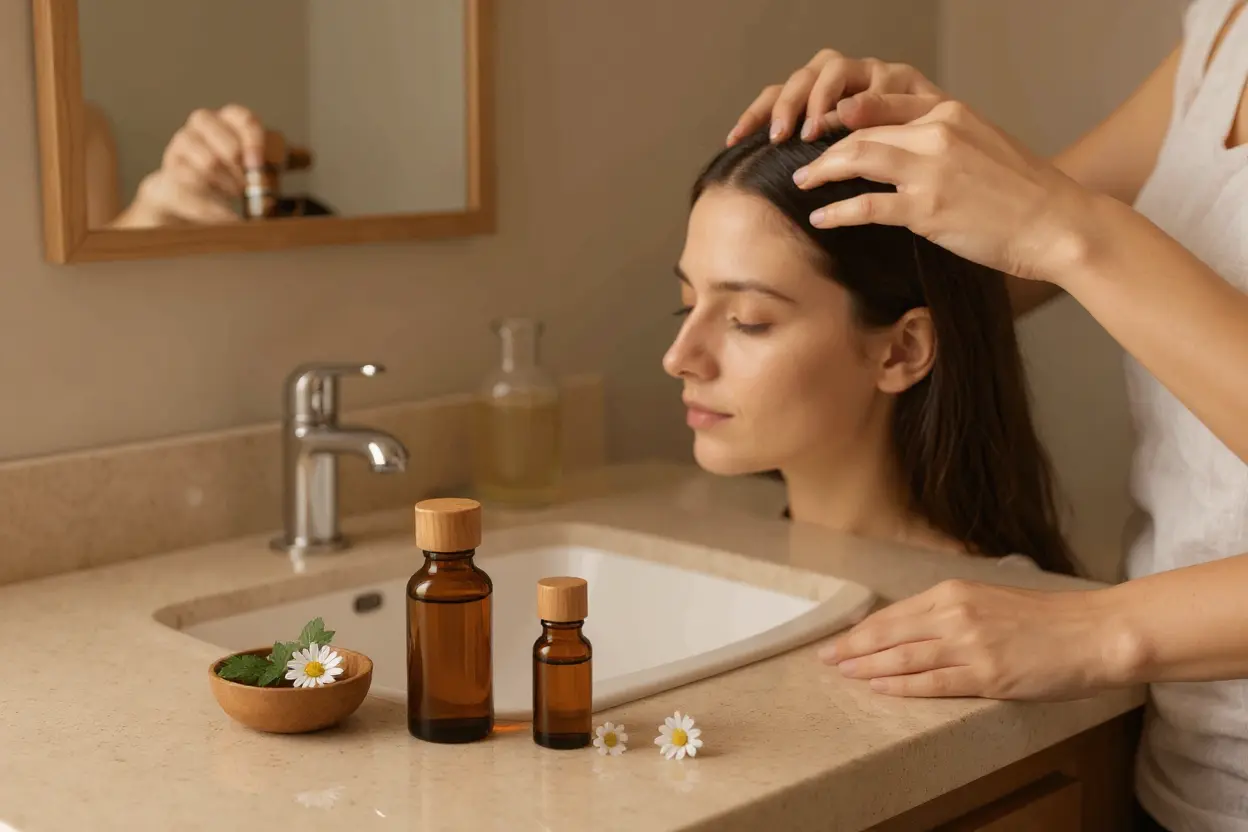 Flacons d'huile essentielle utilisés pour traiter le psoriasis du cuir chevelu