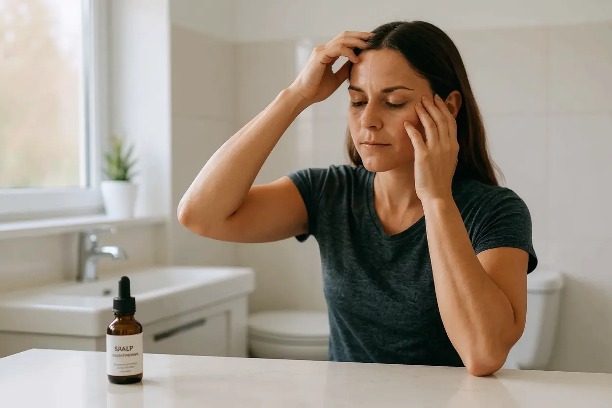 Ignorer l’arrière-plan de la salle de sport; dans une salle de bain, une femme masse un sérum pour psoriasis du cuir chevelu sur son crâne, le seul flacon compte-gouttes posé sur le lavabo.