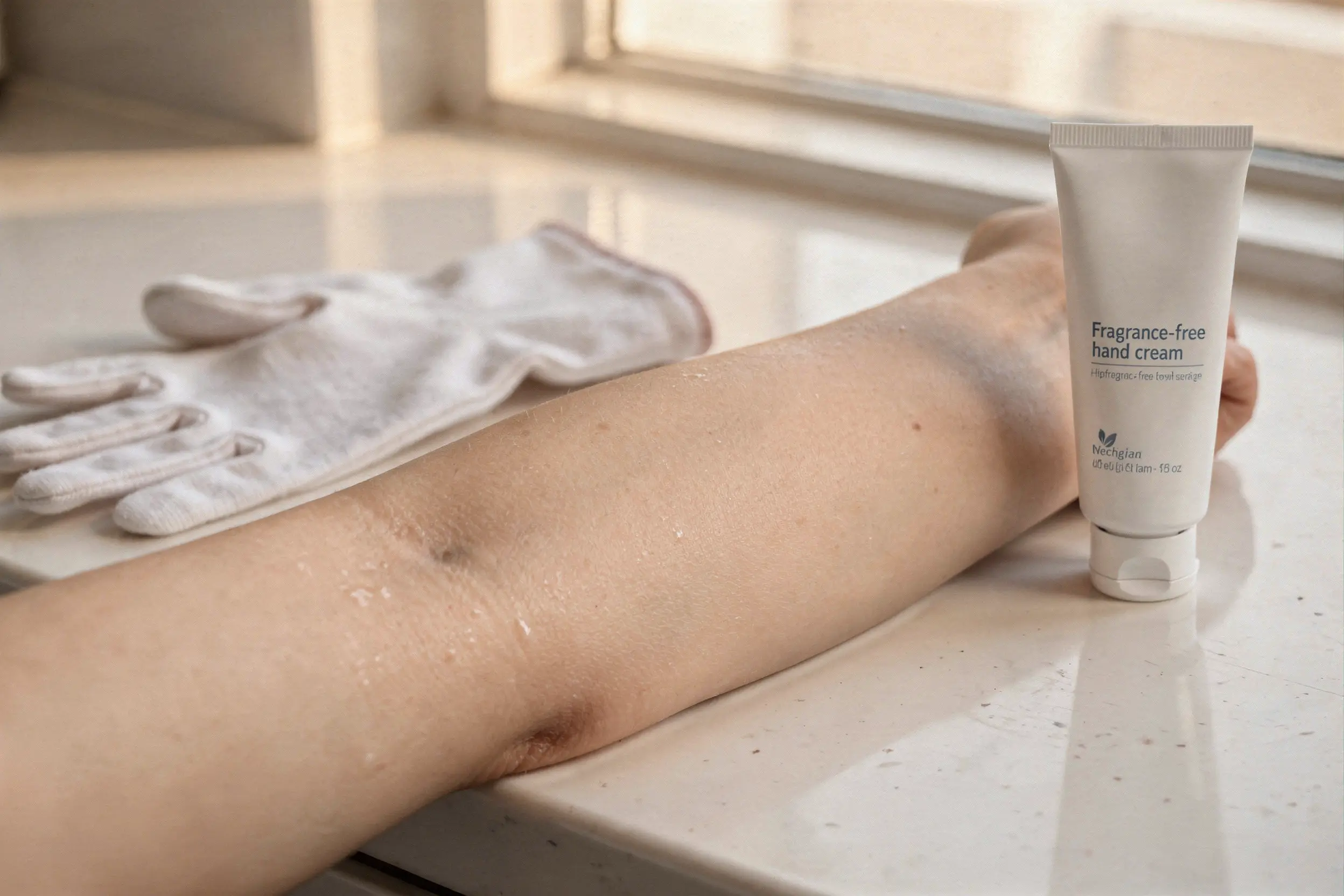 Avant-bras posé sur une surface, accompagnant une tube de crème pour les mains sans parfum et des gants blancs en arrière-plan.