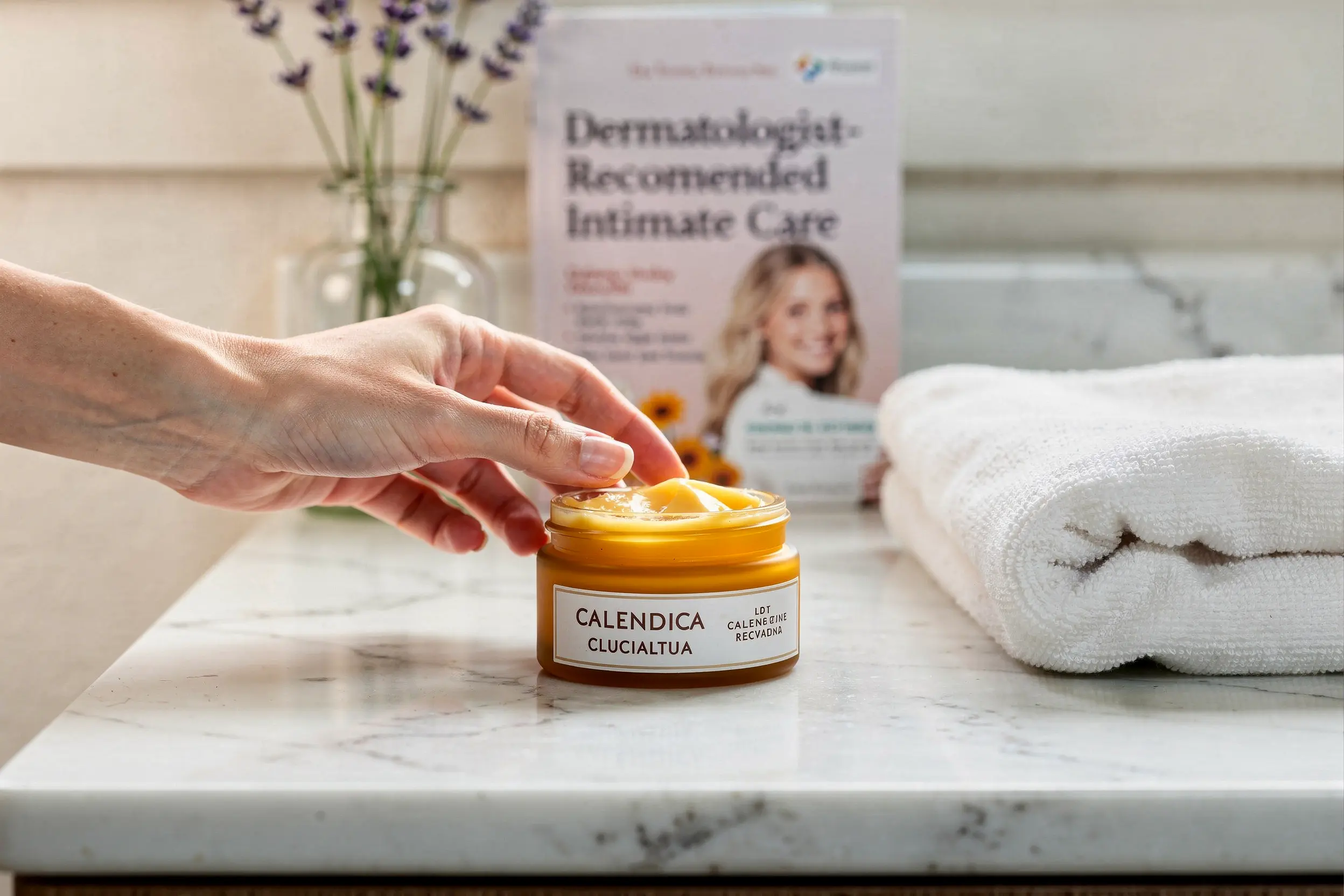 Pot de crème doré Caléndula Clucialtua sur une marbre de salle de bain, main appliquant le produit; serviettes blanches et magazine “Dermatologist Recommended Intimate Care” en arrière.
