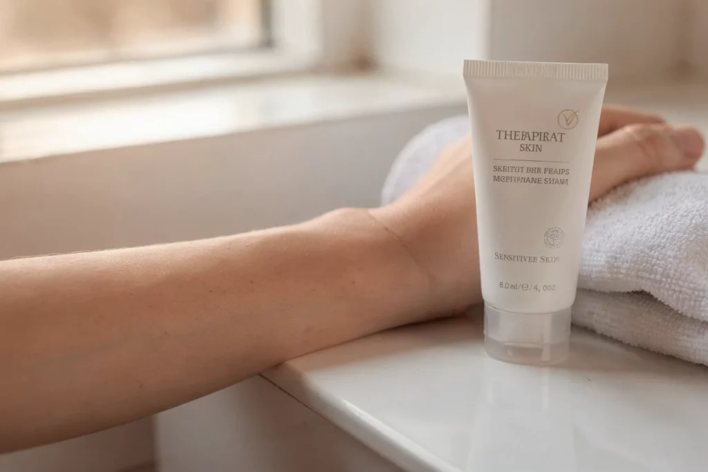 Tube de crème avec une main derrière dans une salle de bain