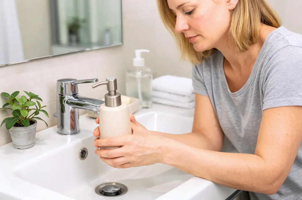Femme se lavant les mains au lavabo avec un distributeur de savon crème et plante verte sur le rebord.