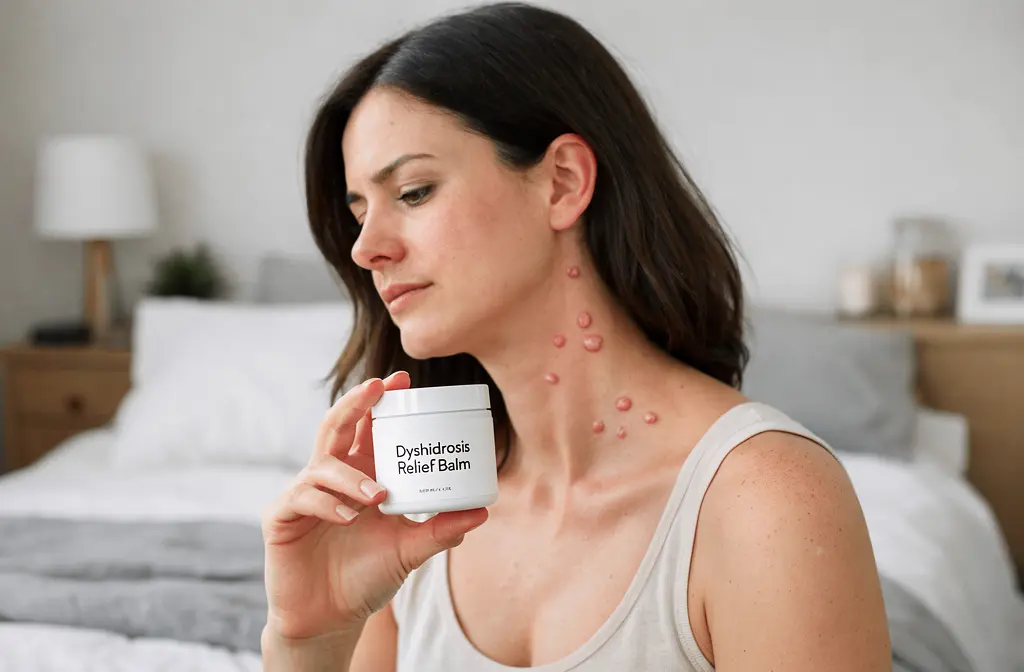Femme jeune avec éruption cutanée à l’avant du cou; montre un pot de baume “Dyshidrosis Relief Balm” pour dyshidrose sur un lit.