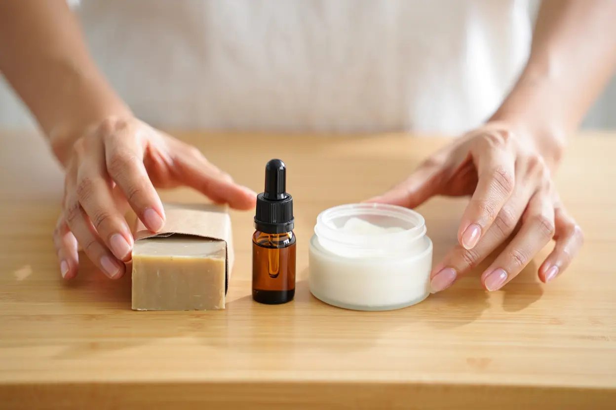 Main plan rapproché de mains féminines posant sur une table: savon naturel, flacon compte-gours avec bouchon dropper et pot de crème.