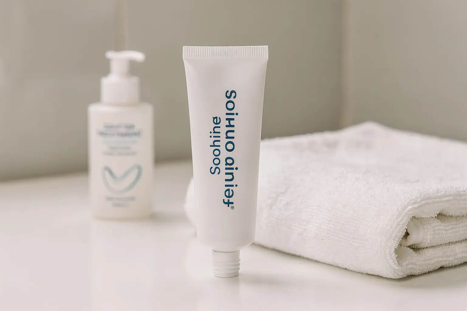 Tube blanc de soin féminin Soinoint/joint? Non—text visible: “soin féminin”? The image shows a white tube with vertical blue text "fémin....soin" and a pump bottle and white towel in background. I'll craft alt: "Tube blanc de soin intime féminin posé sur une surface, flacon pompe flou et serviette blanche en arrière-plan." But must be accurate. The visible text seems "soin féminin ou soin féminin"? It shows "fémin... soin"? Actually text reads "soin féminin" vertically. So alt: "Tube blanc étiquette verticale 'soin féminin'sur une surface, flacon pompe flou et serviette blanche en arrière-plan." Provide concise. 125 chars. Let's craft: Tube blanc avec écriture verticale « soin féminin », sur table blanche; flacon pompe flou et serviette blanche en arrière-plan. Tube blanc à écriture verticale « soin féminin », sur une surface blanche; flacon pompe flou et serviette blanche en arrière-plan.