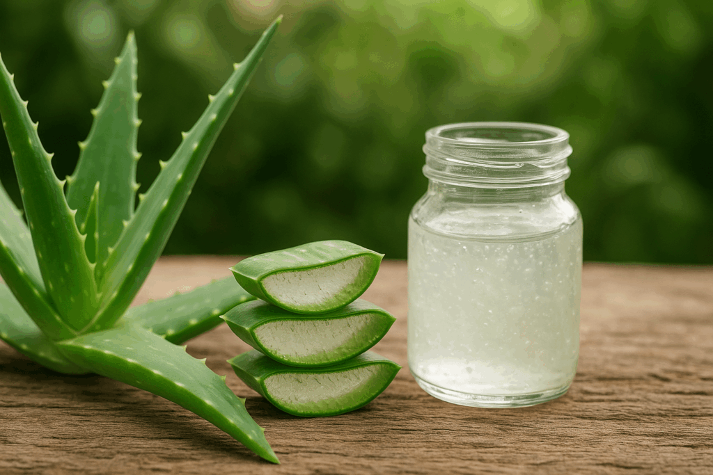 Gel d'aloe vera naturel sur une étagère de salle de bain avec une plante d'aloès vivante