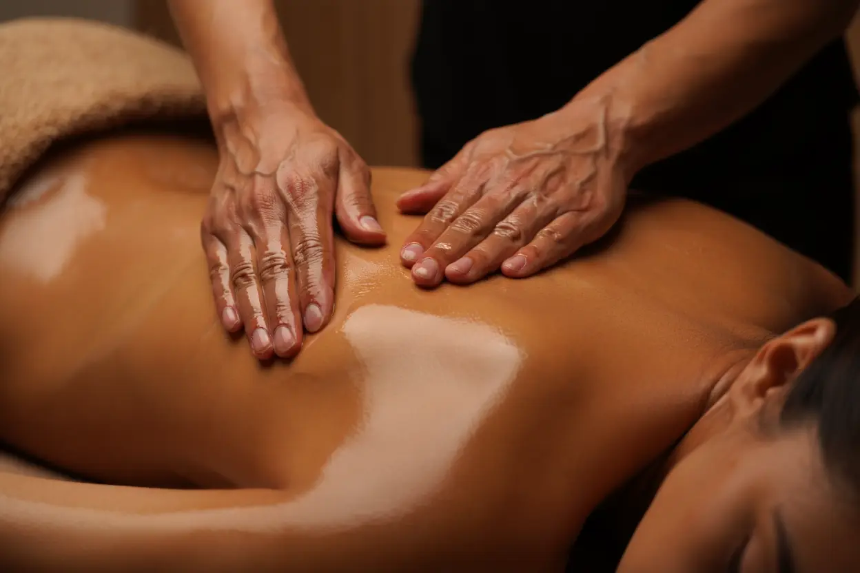 Massage du dos en séance, paumes appliquées sur le dos d’un client allongé, huile et gestes de détente.