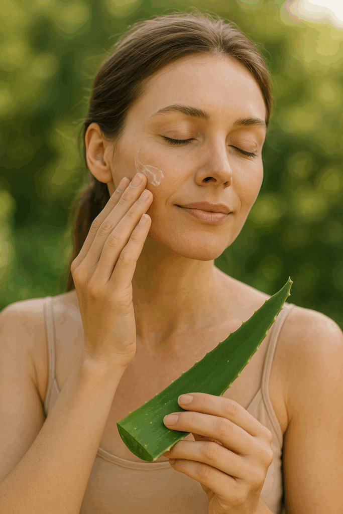 Femme appliquant du gel d'aloe vera naturel sur son visage dans un jardin verdoyant.
