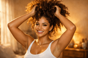 Femme souriante avec cheveux curly en amont, les mains dans les cheveux, ambiance chaleureuse et naturelle. cataplasmes cheveux – proche du thème capillaires et bienfaits neem et argile (image illustrative)