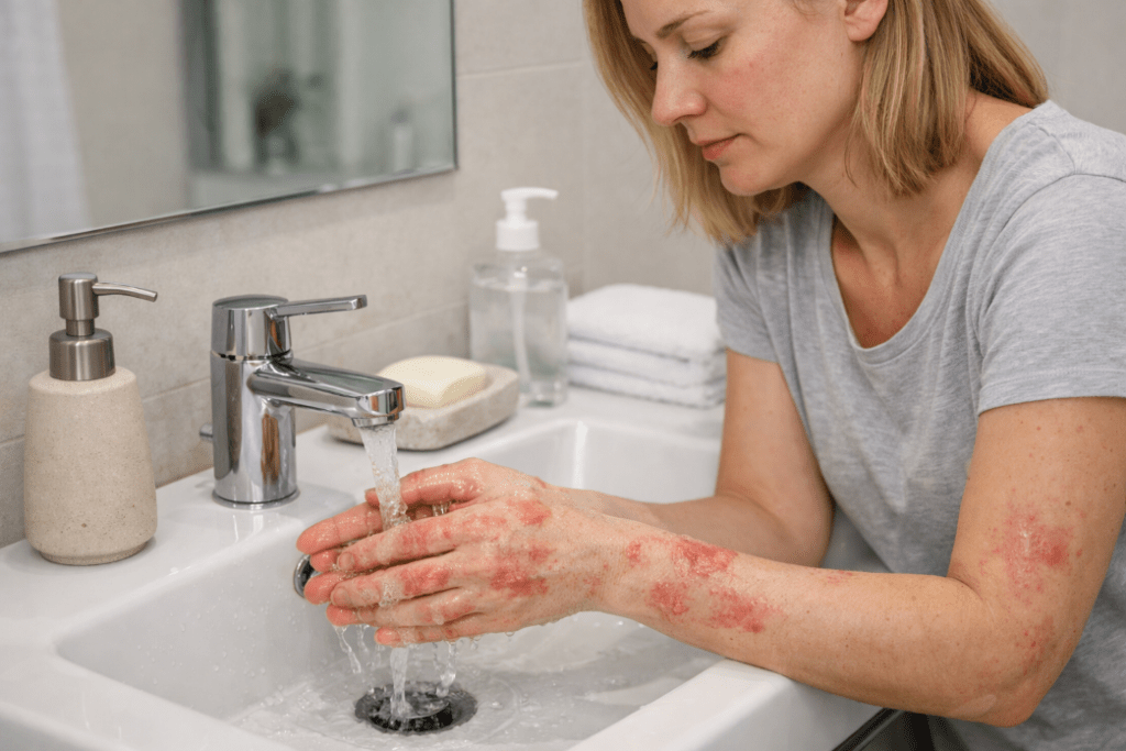 femme dans une salle de bain qui se lave les mains. Ses mains sont couvertes d'eczéma