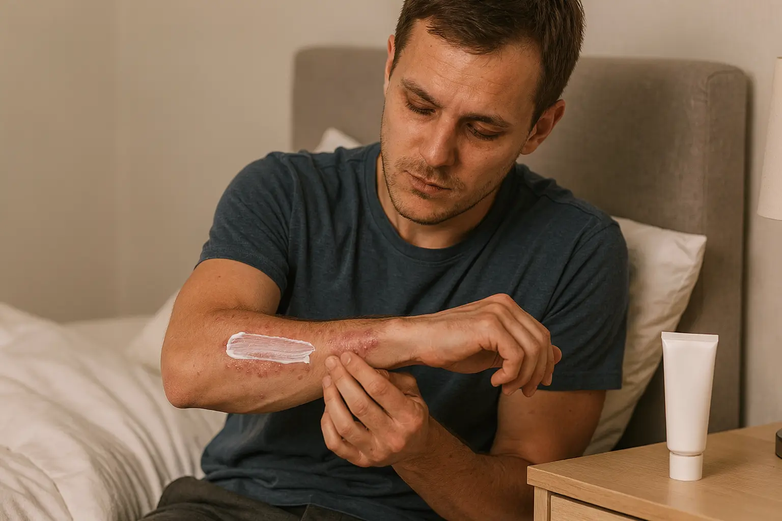 Ignorez le fond extérieur; une personne applique une crème apaisante pour l’eczéma (un seul tube sur la table de chevet) sur la main droite lors d’un moment de soin apaisant.