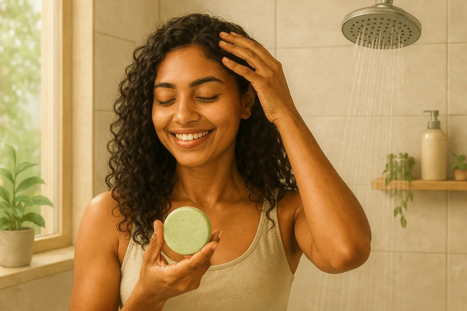 Femme aux cheveux bouclés touchant son cuir chevelu dans une salle de bain lumineuse