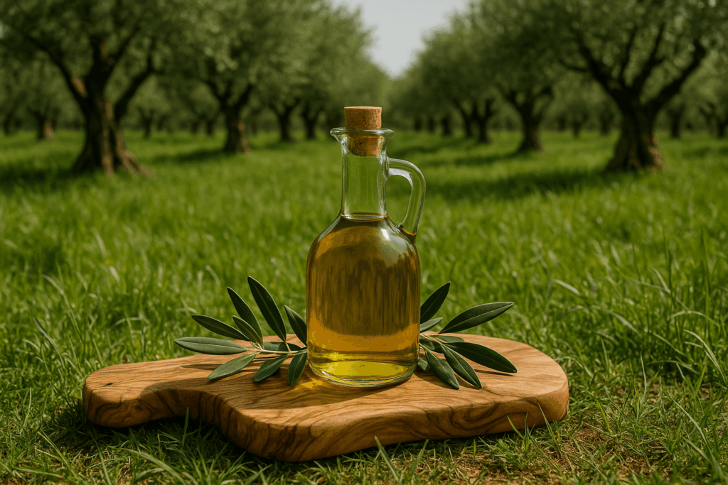 flasque d'huile d'olive dans un champ d'olivier