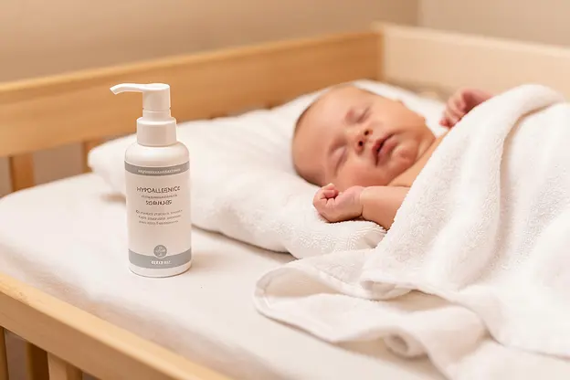 Traitement doux pour l'eczéma du cuir chevelu posé près d'un bébé endormi.