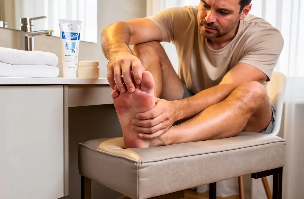 Crème antifongique pour pieds posée sur une étagère de salle de bain avec serviette propre