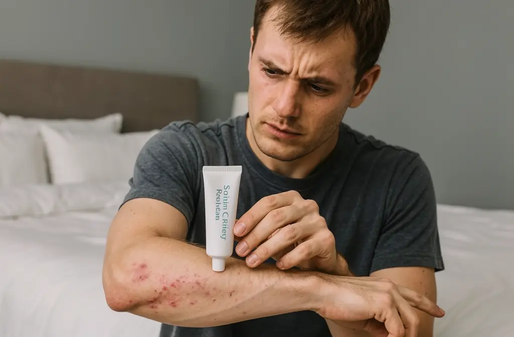 Homme appliquant une crème apaisante sur son bras irrité dans sa chambre