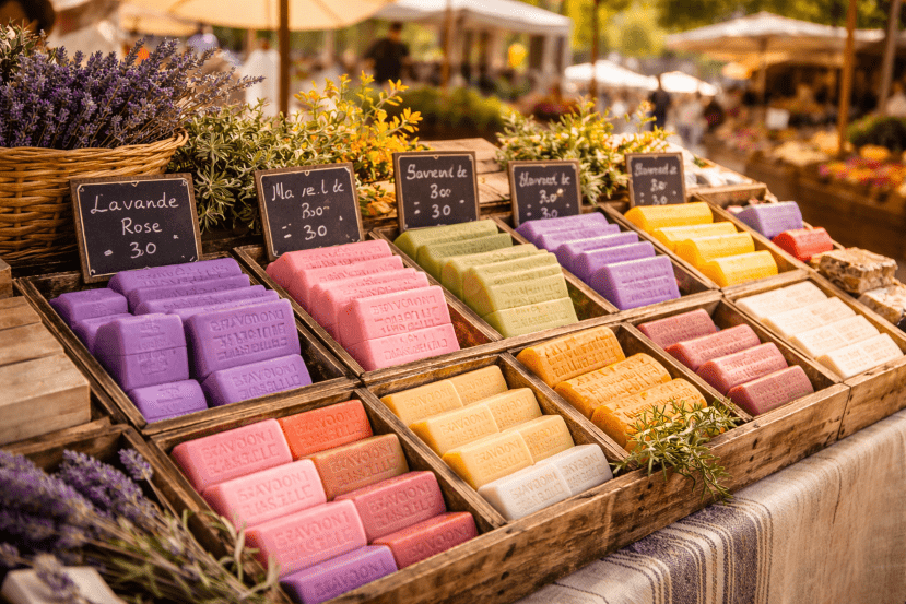 plusieurs savons avec multiples couleurs sur un stand en provence
