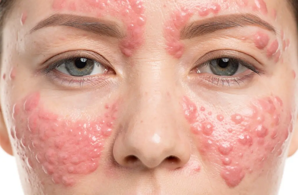 Plaques d'urticaire rose-rouge sur le visage d'une femme. Chaque côté du visage présente de l'urticaire