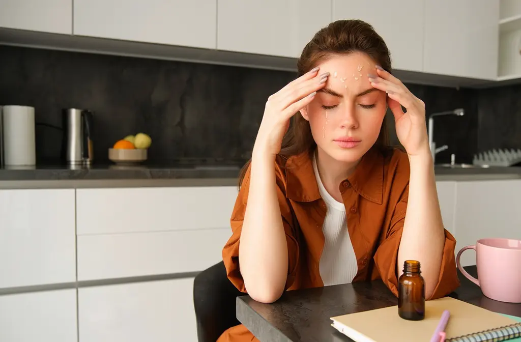 Femme dans une cuisine sur une chaise qui soulage sa migraine avec des huiles essentielles aux tempes.
