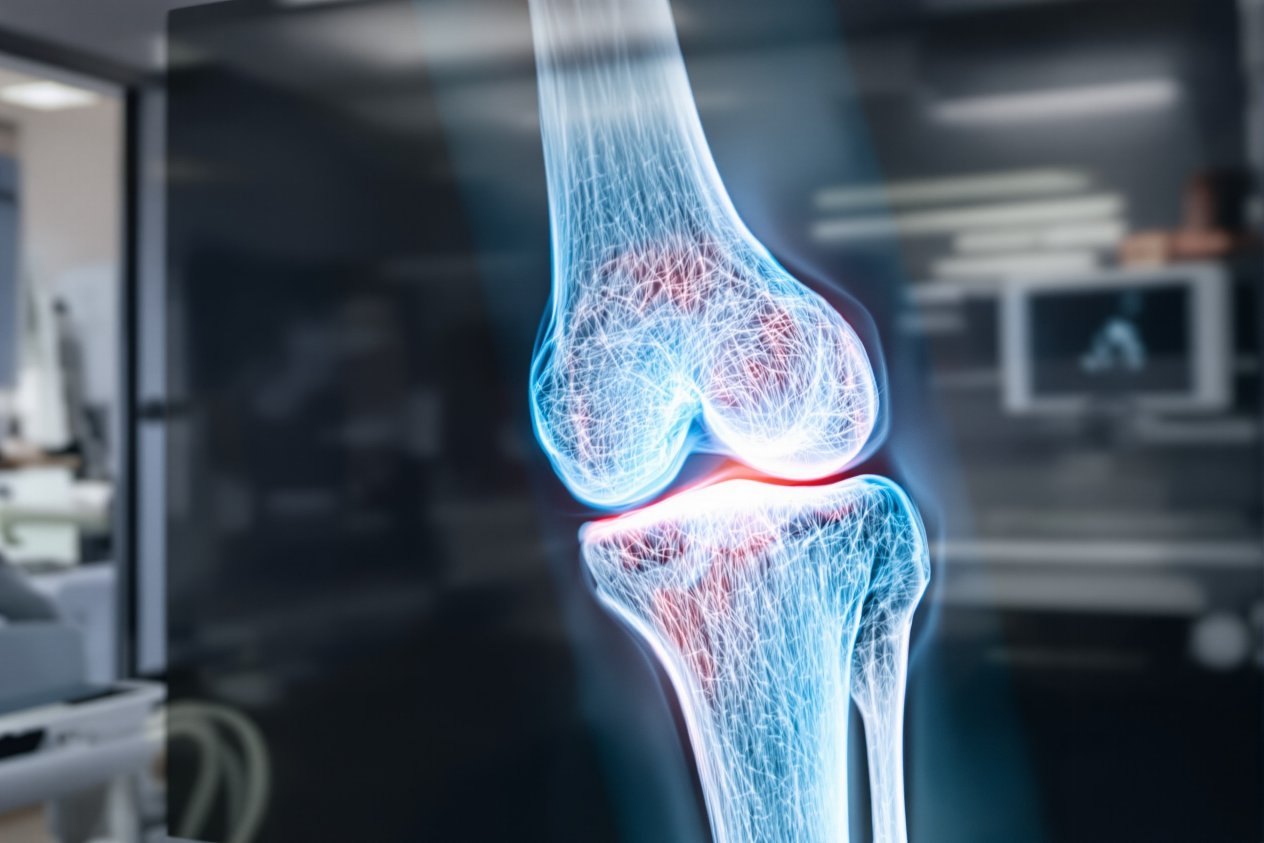 Vue médicale d’un genou humain en transparence: articulation, ligaments et os visibles avec inflammation légère autour du cartilage.