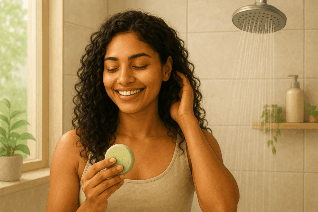 Femme avec des cheveux frisés dans une salle de bain avec un démêlant solide