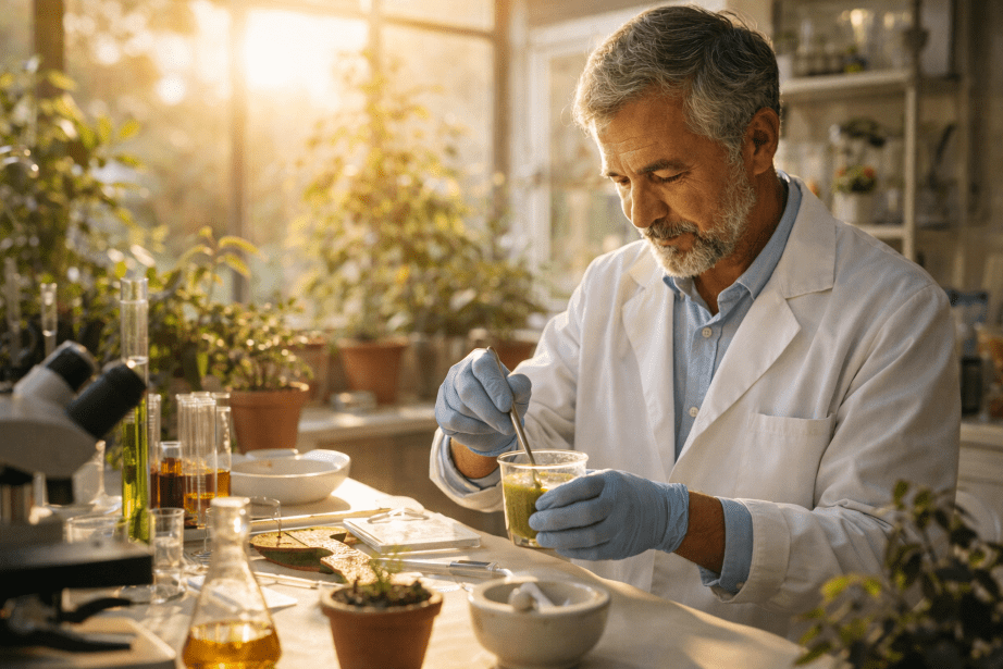 Chirurgien dans un laboratoire qui manipule des tubes de matières premières
