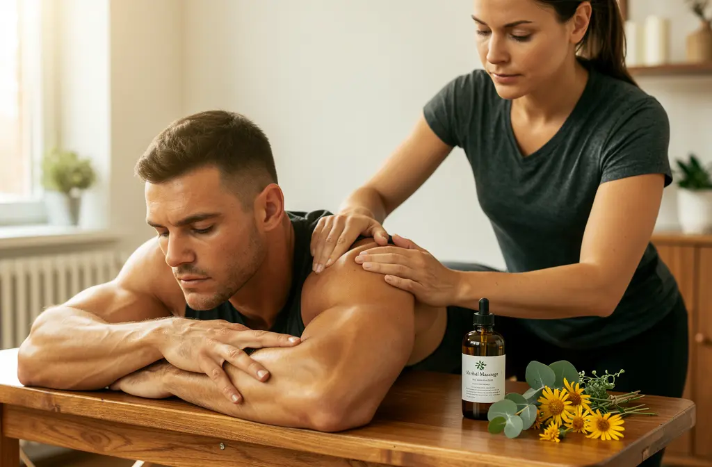 Huile de massage aux plantes naturelles sur une table avec de l'arnica et de l'eucalyptus frais.