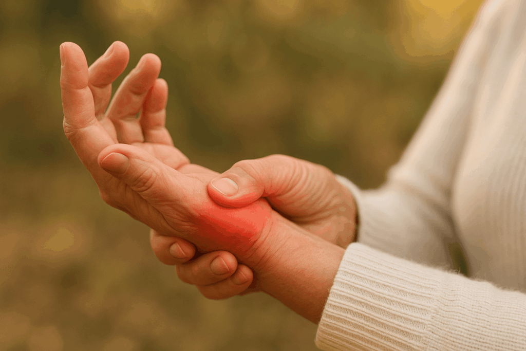 femme qui tient son poigné car elle souffre d'arthrose