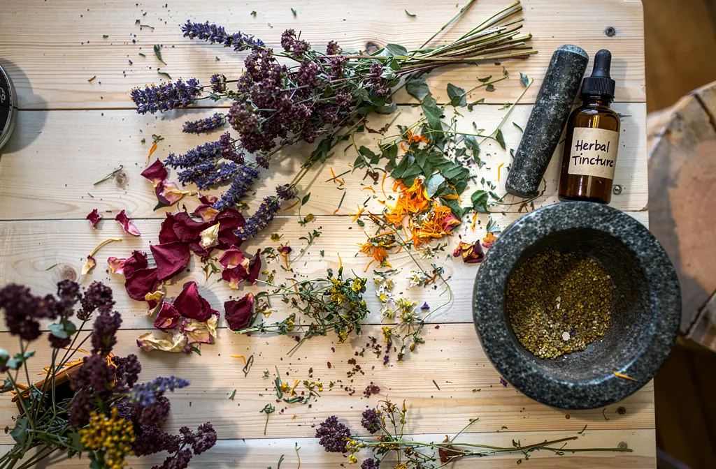 Teinture de plantes anti-inflammatoires avec mortier et herbes médicinales séchées sur table en bois
