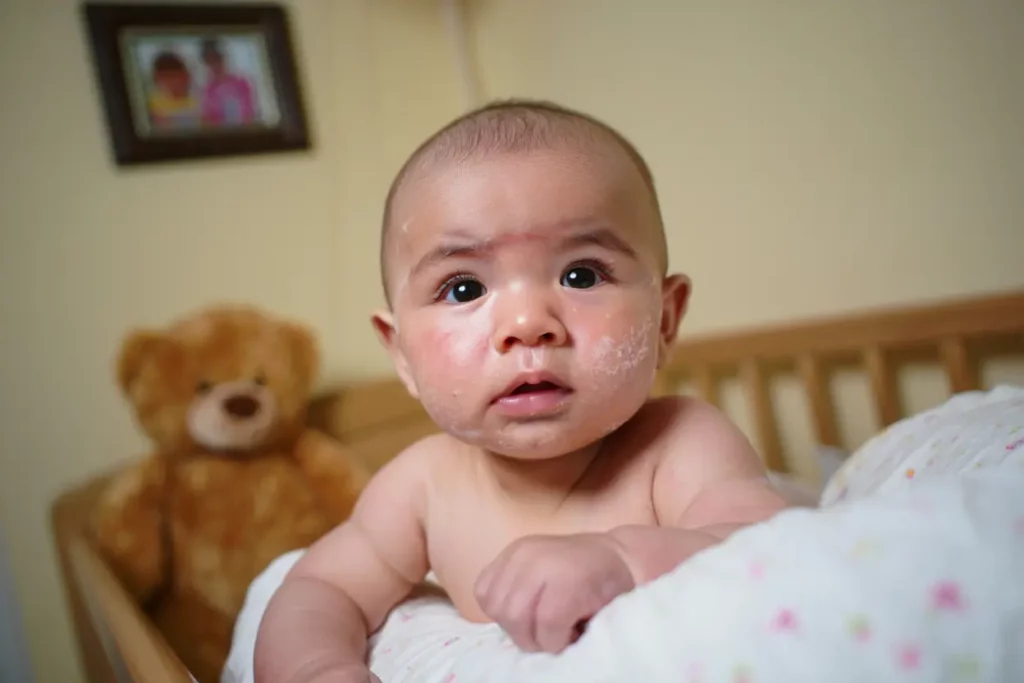 Plaques d'eczéma sur les joues d'un bébé, il est dans son lit dans sa chambre