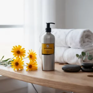 Huile de massage sportive à l’arnica dans un flacon pompe gris, label jaune, sur une table en bois avec des fleurs jaunes et des galets noirs, serviettes blanches en arrière-plan.