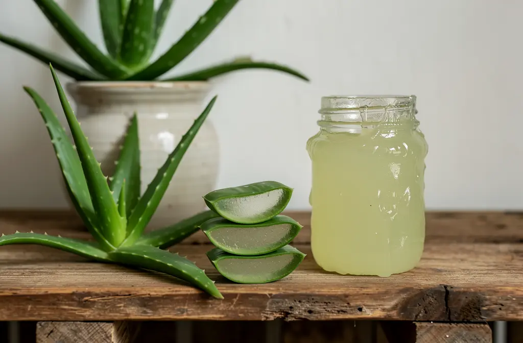 Gel d'aloe vera naturel sur un comptoir avec feuilles fraîches d'aloès.