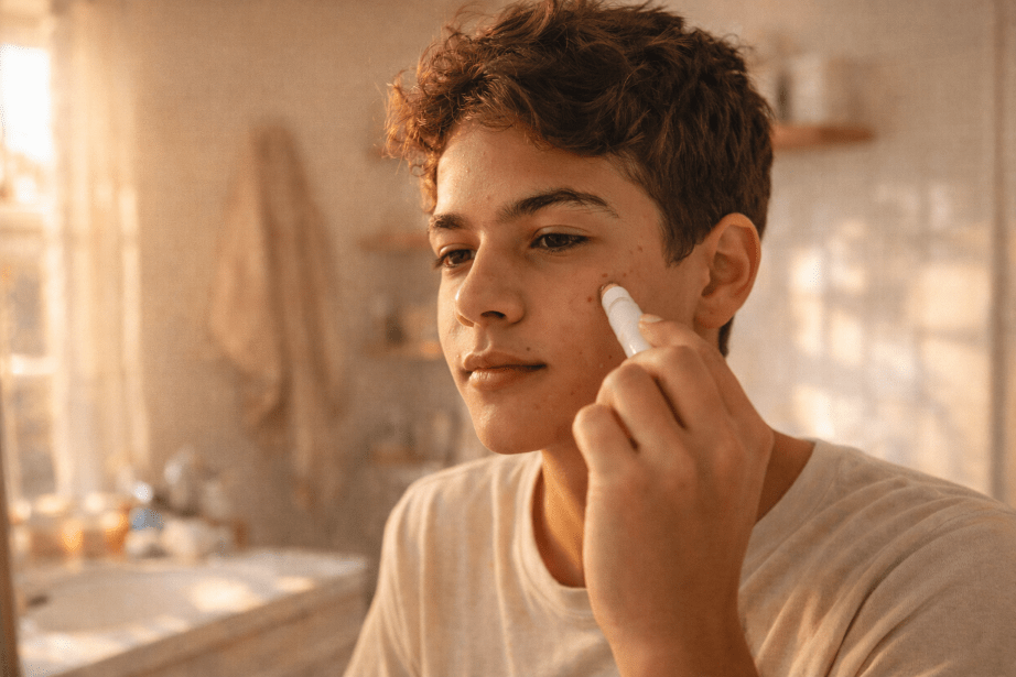 Adolescent s'appliquant un roll on sur la peau dans une salle de bain en face d'un miroir
