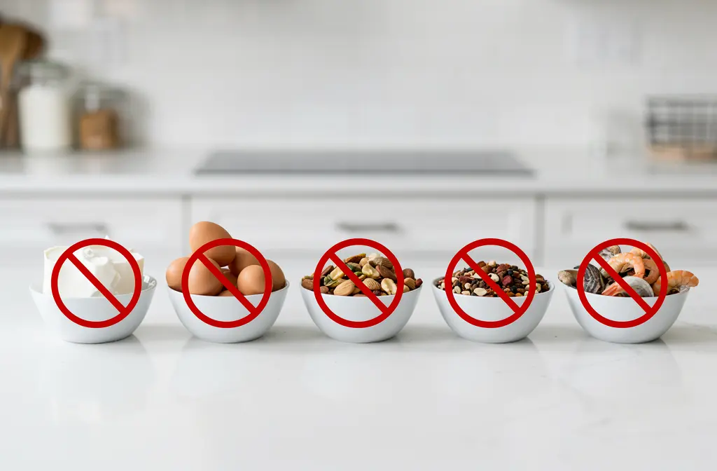 Aliments allergènes à éviter disposés sur un comptoir de cuisine pour prévenir l'eczéma alimentaire