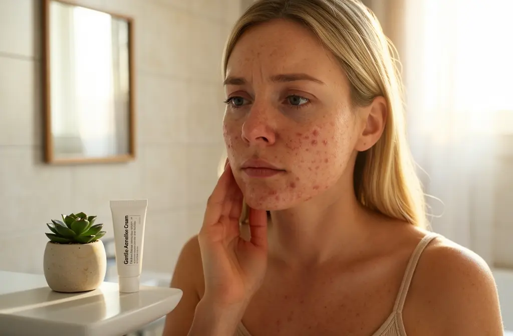 Crème de traitement anti-acné posée sur un comptoir de salle de bain apaisant