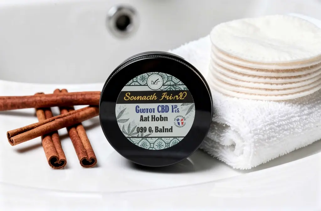 Baume au CBD posé sur un plan de toilette avec bâtons de cannelle, serviette et cotons, prêt pour un soin du visage anti-acné.