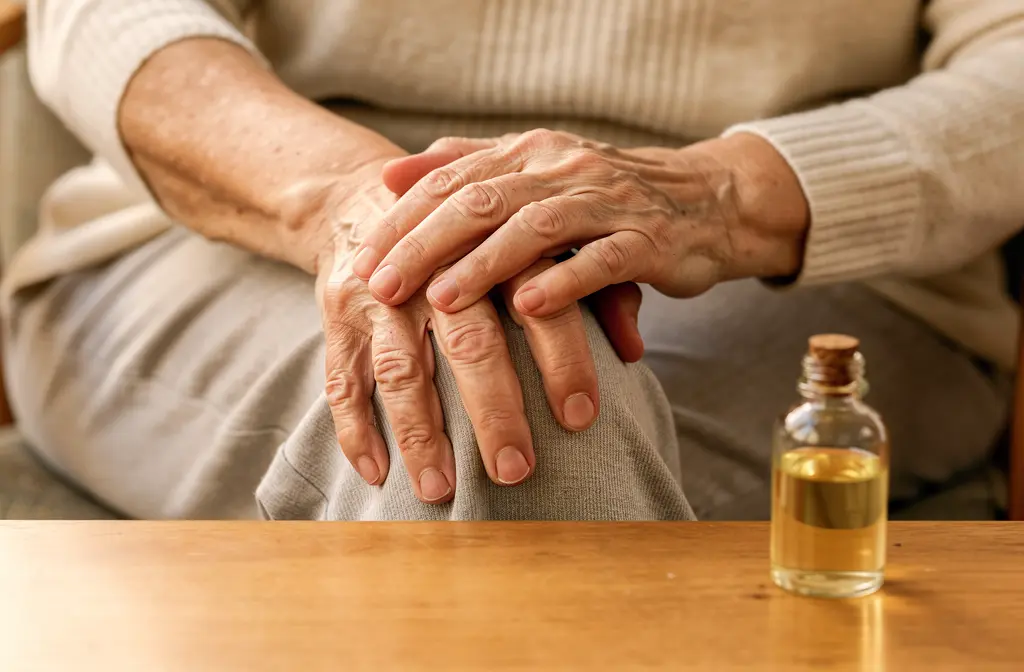 Personne âgée massant son genou douloureux avec un mélange d'huile essentielle et d'huile végétale pour soulager l'arthrose.