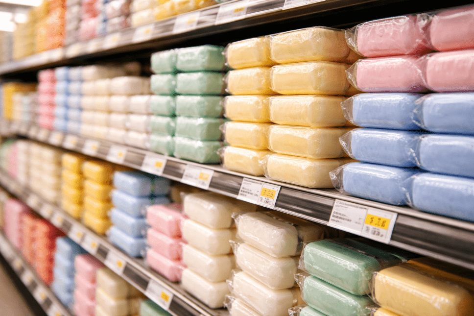 Savon de supermarché sur une étagère avec les prix.