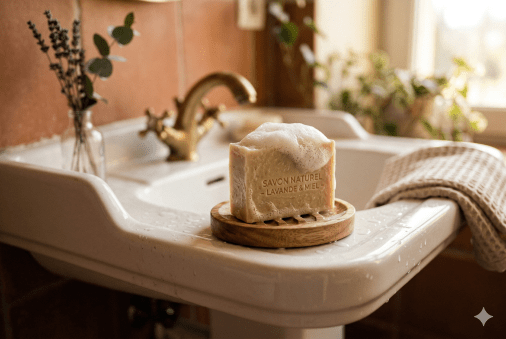 savon qui mousse sur lavabo dans une salle de bain. Eclairage lumineux