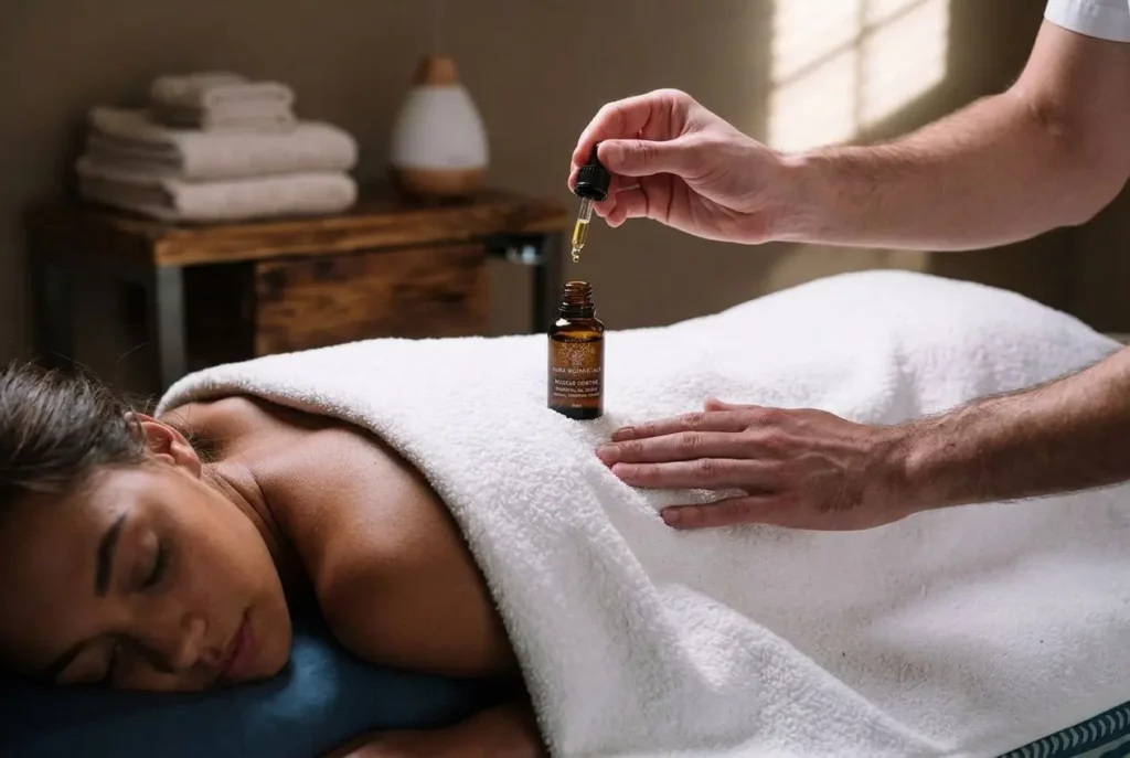 Huile essentielle appliquée en massage sur une femme allongée pour soulager les crampes musculaires nocturnes.