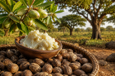 Beurre de karité pour le soin de la peau. Dans une plaine d'Afrique